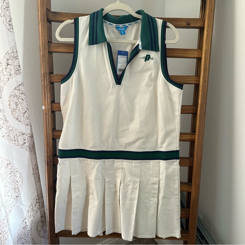 Prince White Pickleball Polo Dress with Green & Navy Trim